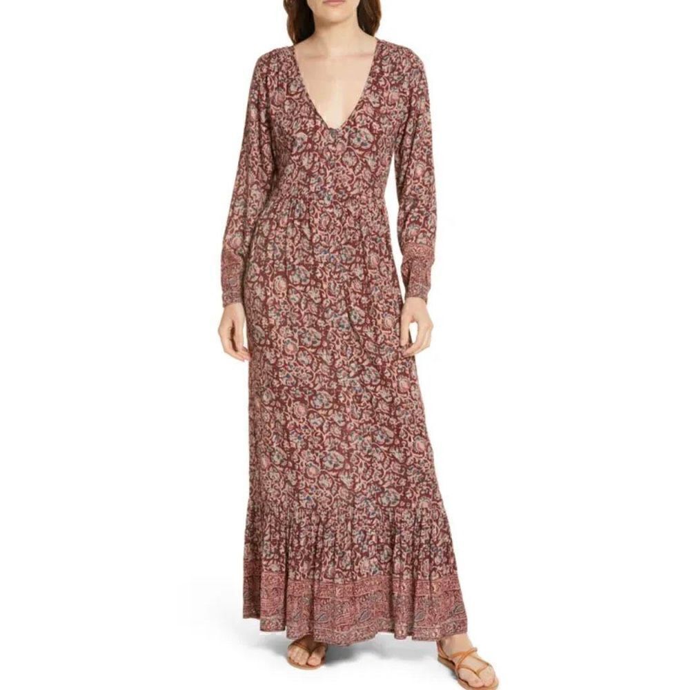 Faherty Toluca Tiered Long Sleeve Dress in Merlot Bordeaux Floral NWOT Size Medi